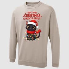 Image of Festive Black Cat Christmas Sweatshirt Printed Meowy & Bright Xmas Light Sweater