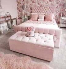 Image of Blush Pink Plush Velvet Chesterfield Monaco Diamante Sleigh Bed + Mattress