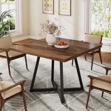 Image of 80cm Square Dining Table for 4,Industrial Dinner Table w/ Metal Base for Kitchen