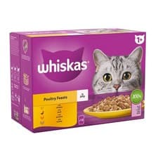 Image of 120 x 85g Whiskas 1+ Poultry Feasts Mixed Adult Wet Cat Food Pouches in Jelly