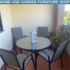 Image of 106cm Round Garden Dining Table with Parasol Hole and Tempered Glass Top Outdoor