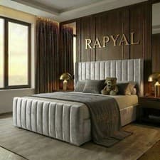 Image of OTTOMAN STORAGE BED PANEL PLUSH VELVET UPHOLSTERED BED FRAME- WINGED HEADBOARD