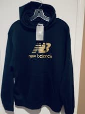 Image of New Balance Essentials Stacked Logo Pullover Hoodie in Black/Gold size M NWT