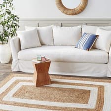 Image of Boho Jute Rug Natural Rectangle Woven Carpet Hallway Living Room Beige + White