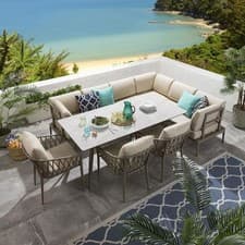 Image of Aluminium Garden Dining Set 8-Seat Outdoor Bench Table & Chairs Ceramic Beige L4