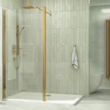 Image of Brushed Brass Walk In Wet Room Shower Enclosure Screen with Flipper Panel Glass