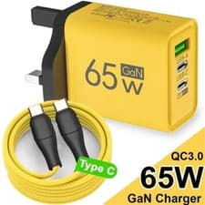 Image of 65W Fast Wall Plug 3 Pin Mains Type C Charger Plug/Cable For Samsung Sony HTC UK
