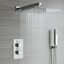 Image of Chrome Thermostatic Shower Mixer Square Bathroom Concealed Twin Head Valve Set