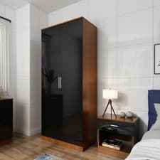Image of High Gloss 2 Door Black Walnut Wardrobe Large Storage Cupboard Bedroom Furniture