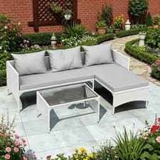 Image of Grey L-Shape Garden Corner Sofa Set With Table Rattan Patio Lounge Furniture Set