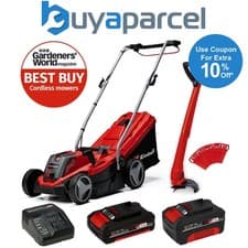 Image of Einhell Cordless 18v Lawnmower 33cm Cut Brushless + Grass Trimmer 2x Batteries