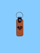 Image of Superman Superhero Logo Hand Made Laser Engraved Leather Keyring 3mm Thick
