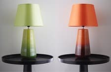 Image of Ceramic table lamps in orange or green glazed finishes with matching lamp shades
