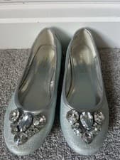 Image of NEW Monsoon Girls Shoes UK 1 Blue & Silver Shimmer Ballerina Diamanté