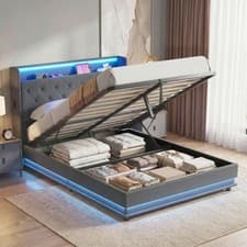 Image of 4ft6 Double Bed Frame with RGB LED Lights, Platform Bed Frame, Dark Grey