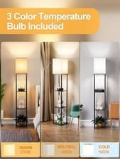 Image of Floor Lamp Free Standing Wood 3-Tier Storage Shelf Reading Bedroom Living Room .