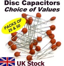 Image of Ceramic Disc Capacitors, Choice of Values, Packs of 25 and 50 - UK Stock