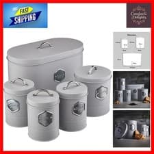 Image of Elegant 5 Piece Tea Coffee Sugar Bread Biscuit Storage Canister Set Grey Silver