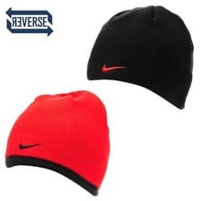 Image of Nike Swoosh Reversible Beanie Teenager Kids Fleece Knitted Red Black 6-14 Yrs