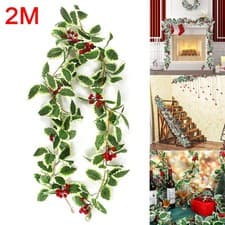 Image of Hot 2M Holly Leaves Decor Christmas Garland Fake Red Berries Artificial Greenery