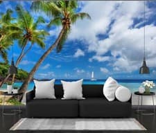 Image of Tropical Island Palm Beach Ocean Wallpaper Mural Removeable Washable Peel &Stick