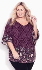 Image of New EVANS Avenue 18 Purple Pintuck Floral Border Lightweight Tunic Blouse Top
