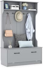 Image of Hallway Coat Rack Shoe Bench Storage Cabinet Hooks Shelves Wood Unit