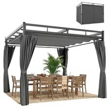 Image of Outsunny 3 x 3 m Garden Pergola with Retractable Canopy, Curtains, Dark Grey