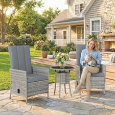 Image of Rattan Bistro Set, Reclining Garden Chairs and Table with Cushions