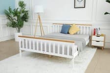 Image of Grey Solid Wooden Bed Frame Bed With Mattress White & King Size