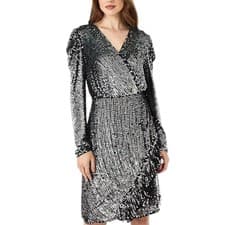 Image of Biba Silver Sequin Long Sleeve Mini Wrap Dress NWT UK 10 Party RRP £199
