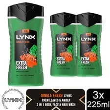 Image of Lynx 3in1 Body, Face & Hair Wash Shower Gel Extra Fresh Jungle Fresh 225ml, 3pk