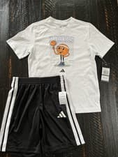Image of Adidas Originals White Tee and Black Shorts Set. 7 Boys NWT