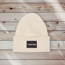 Image of Calvin Klein Jeans Mono Logo Patch Beanie Hat Stony Beige- One Size - RRP £50