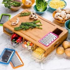 Image of Chopping Board with Containers, Large Bamboo Cutting Board with anti slip pads