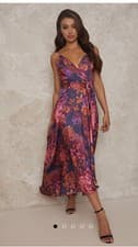 Image of ladies Chi Chi London floral satin cami strap midi multi dip hem new size 16
