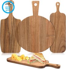 Image of 3 Set of Acacia Wood Chopping Boards with Handle, Wooden Serving Board Paddle, W