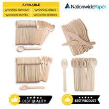 Image of Wooden Cutlery - Knives, Forks, Spoons, Sporks - Biodegradable - Pack of 100