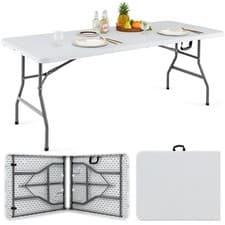 Image of GYMAX Foldable Long Table 180cm White Steel Frame Non-slip Feet for Events