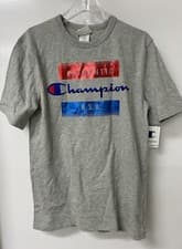 Image of $30 NEW! CHAMPION size XS MENS / BOYS XL Red Blue Foil Logo USA gray t-shirt