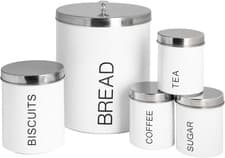 Image of Metal Kitchen Canister Set White 5Pc round Retro Food Storage Preservation