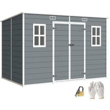 Image of Outsunny 10 x 6 ft Plastic Garden Shed with Floor, Lockable Doors, Grey