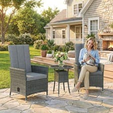 Image of Rattan Bistro Set, Reclining Garden Chairs and Table with Cushions
