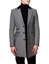 Image of Mens Herringbone Long Overcoat Retro Wool Mix Tailored Mid Length Coat Jacket