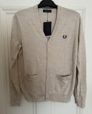 Image of BNWT Fred Perry CLASSIC CARDIGAN 54% Wool 46% Cotton size M Porridge Marl K9551