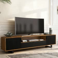 Image of 200cm TV Unit Oak & Black Fluted Doors | Drawer & Shelves | Metal Frame Cabinet