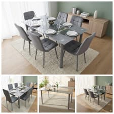 Image of Grey Striped Glass Dining Table Set with 4 or 6 Chairs – Velvet or Faux Leather