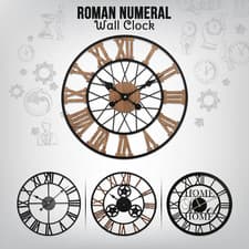 Image of Large Wall Clock Round Skeleton Open Face Clocks Metal Roman Numeral Home Garden