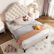Image of Single Size Bed 3FT Velvet Upholstered Bed with Slatted frame Headboard Beige