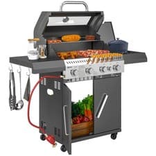 Image of Outsunny 4+1 Burner Gas BBQ Grill with Clear View Lid, Thermometer, Black